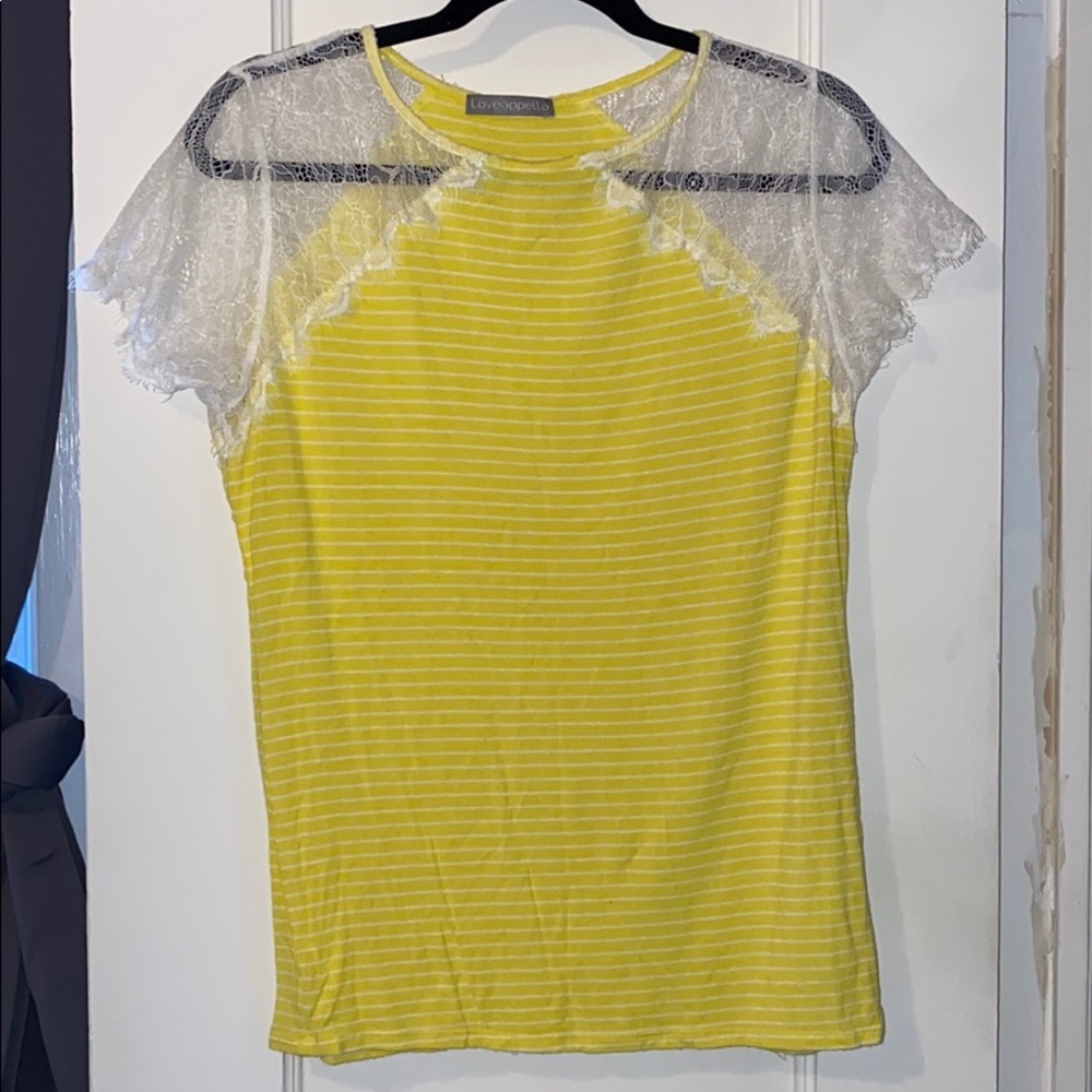 Yellow and white striped T-shirt with lace sleeves from Loveapella